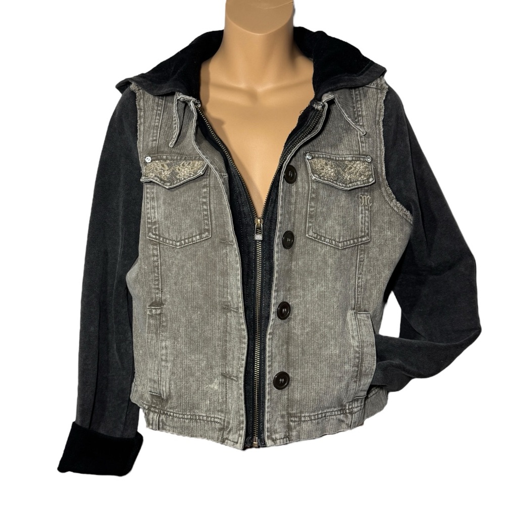 Miss Me Jacket Hoodie Size M Embellishment Bling Gray Black  Distressed Rodeo
